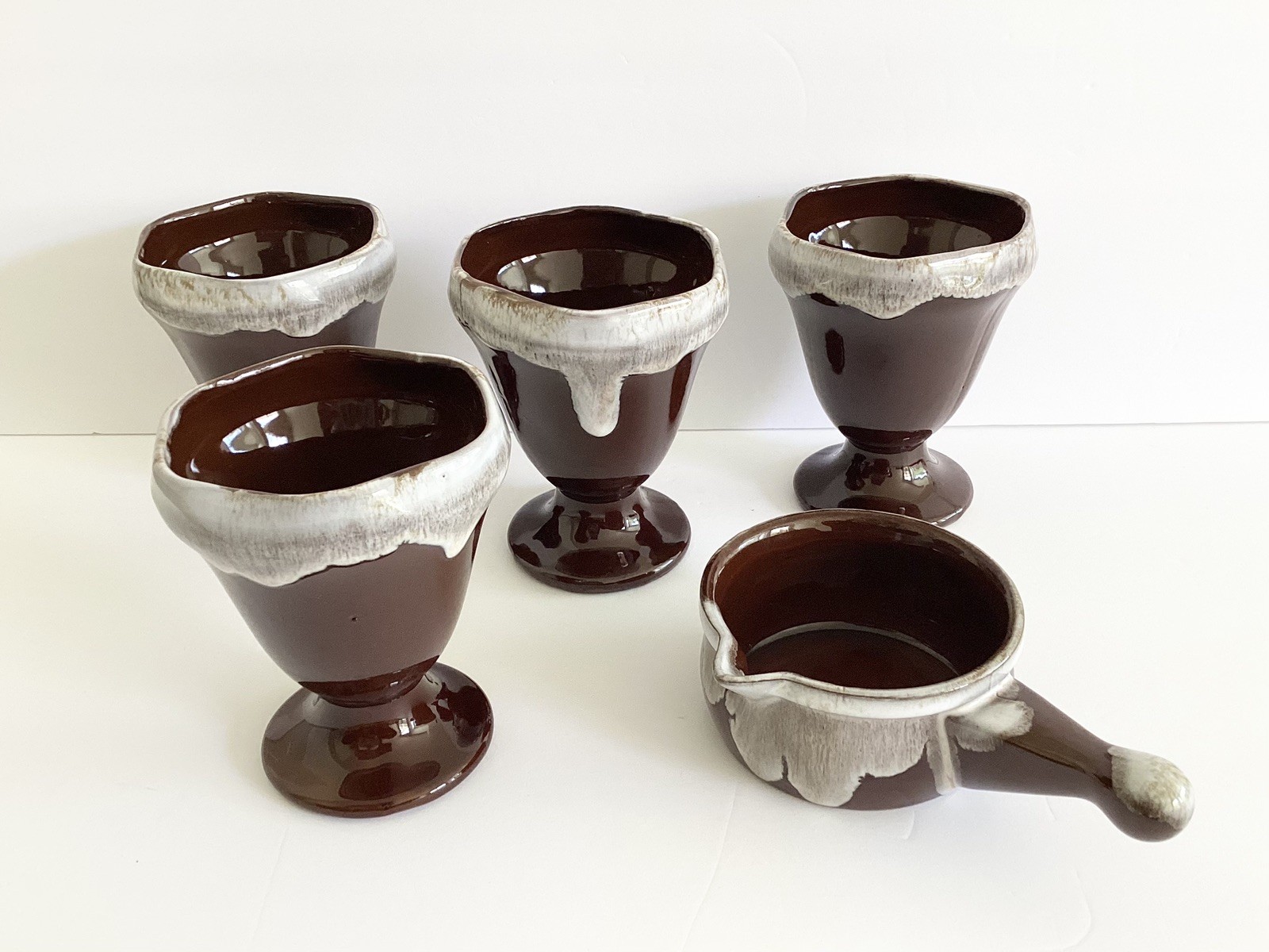4 Red Clay Brown Glaze Drip Pedestal Ice Cream Sundae Cups & Sauce Bowl