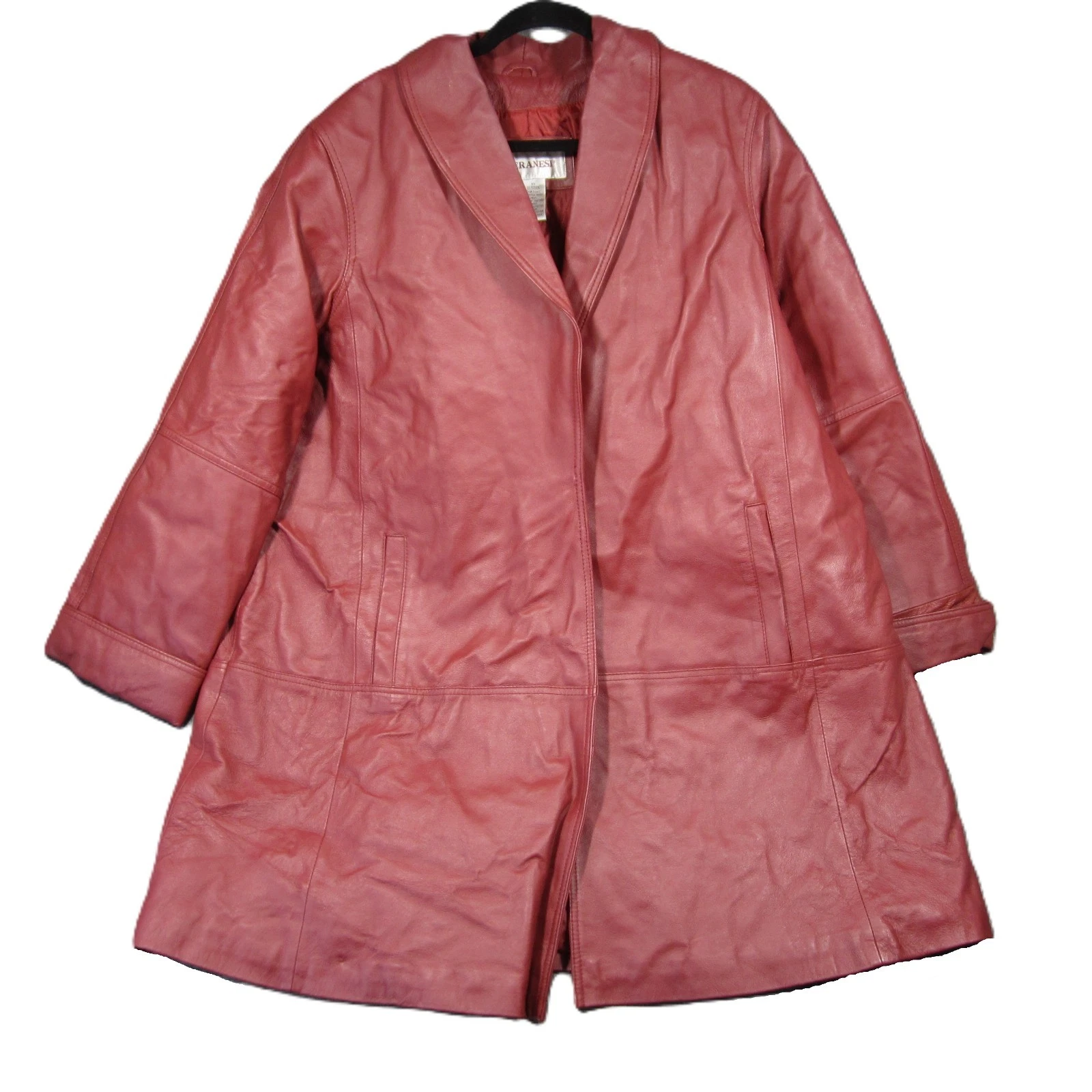 Veranesi Leather Coat 18W Red Shawl Quilt Lined 80s 90s Glam Edgy Colorful Indie