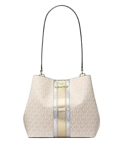 Nuova ?Autentica borsa a tracolla Michael Kors secchiello MEDIA bianco oro metallizzato $498