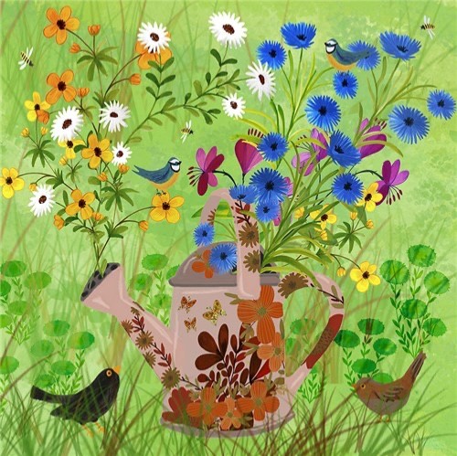 Autumn House Magpies Fine  Art Blank Greeting / Birthday Card - Garden Flowers