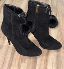 Michael Kors Remi Black Suede Pom Pom Booties Stiletto Heels Zipper size 10m