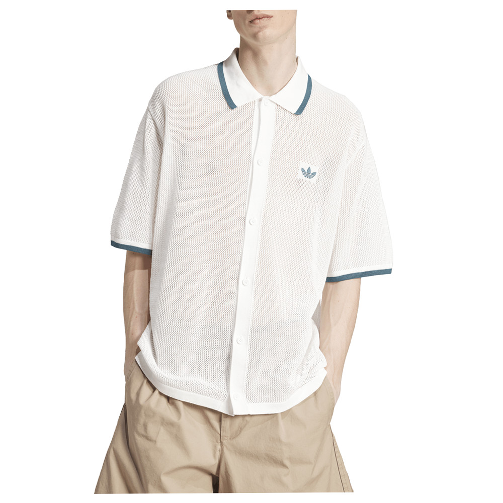 adidas Knitted Collared Short Sleeve Button Up Shirt Mens White Casual Tops KC35 thumbnail 2