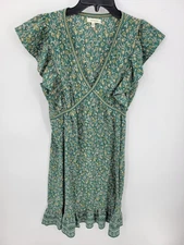 Maxi Studio Dress Womens Medium Green Floral Bell Sleeve Artsy Romantic Flowy
