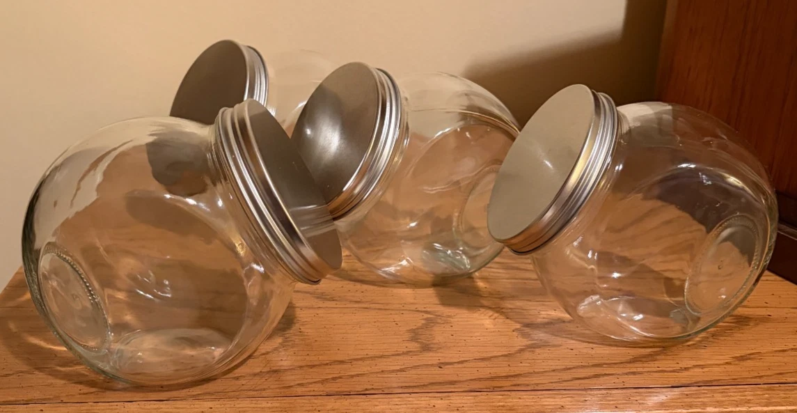 Counter Top Clear Glass Tilted Jars w/Metal Lids Set of 4, 5" Tall