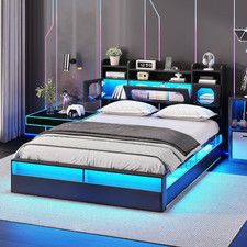 Full Size Bed Frame with Storage Headboard, 2 Doors, LED Light and 4 Drawers Cha