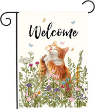 Spring Cat Garden Flags for outside Summer Flower Garden Flag Floral Orange Cat