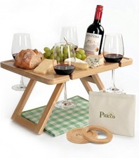 Outdoor Wine Picnic Table, Wooden Folding Picnic Table with Glass Holder,