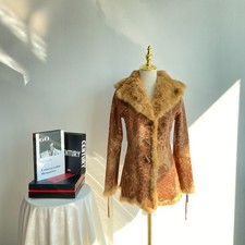 Vintage Leopard Print Faux Fur Trim Coat Horn Buckle Cottagecore Women s M