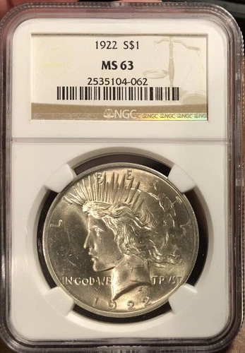1922 $1 Peace Silver Dollar  NGC MS 63