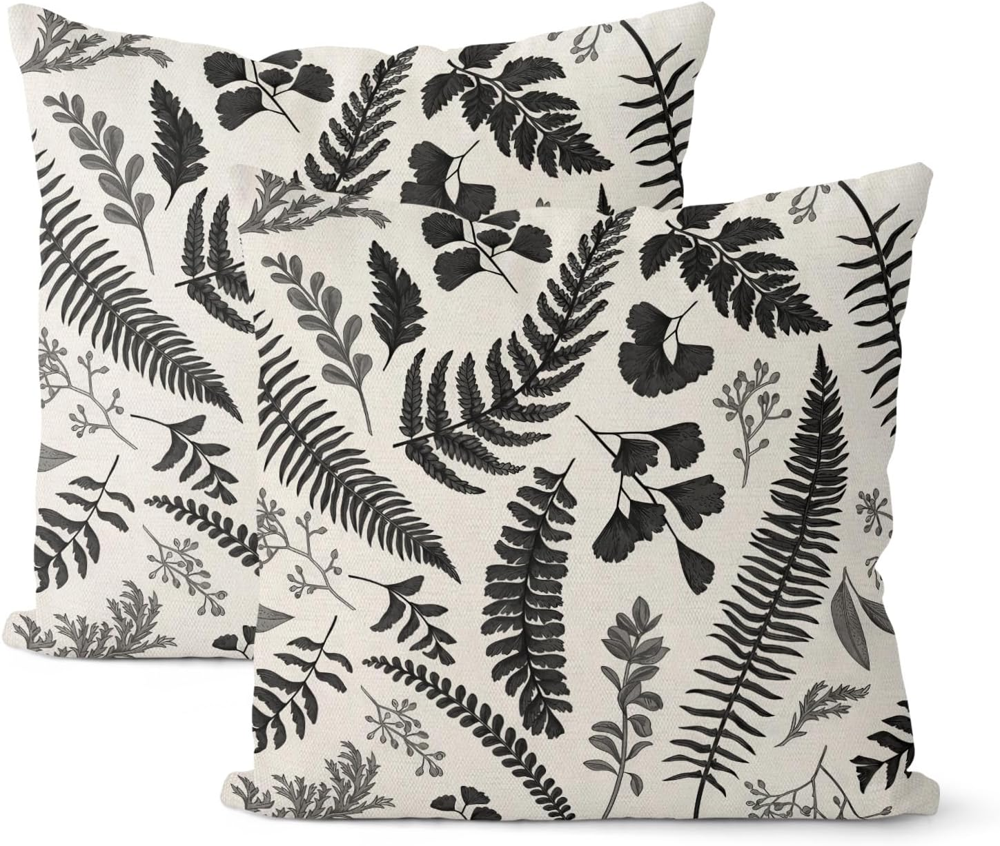Black 18x18 Inch Spring Pillow Covers 2-Pack Grey Vintage Leaf Plant Decor