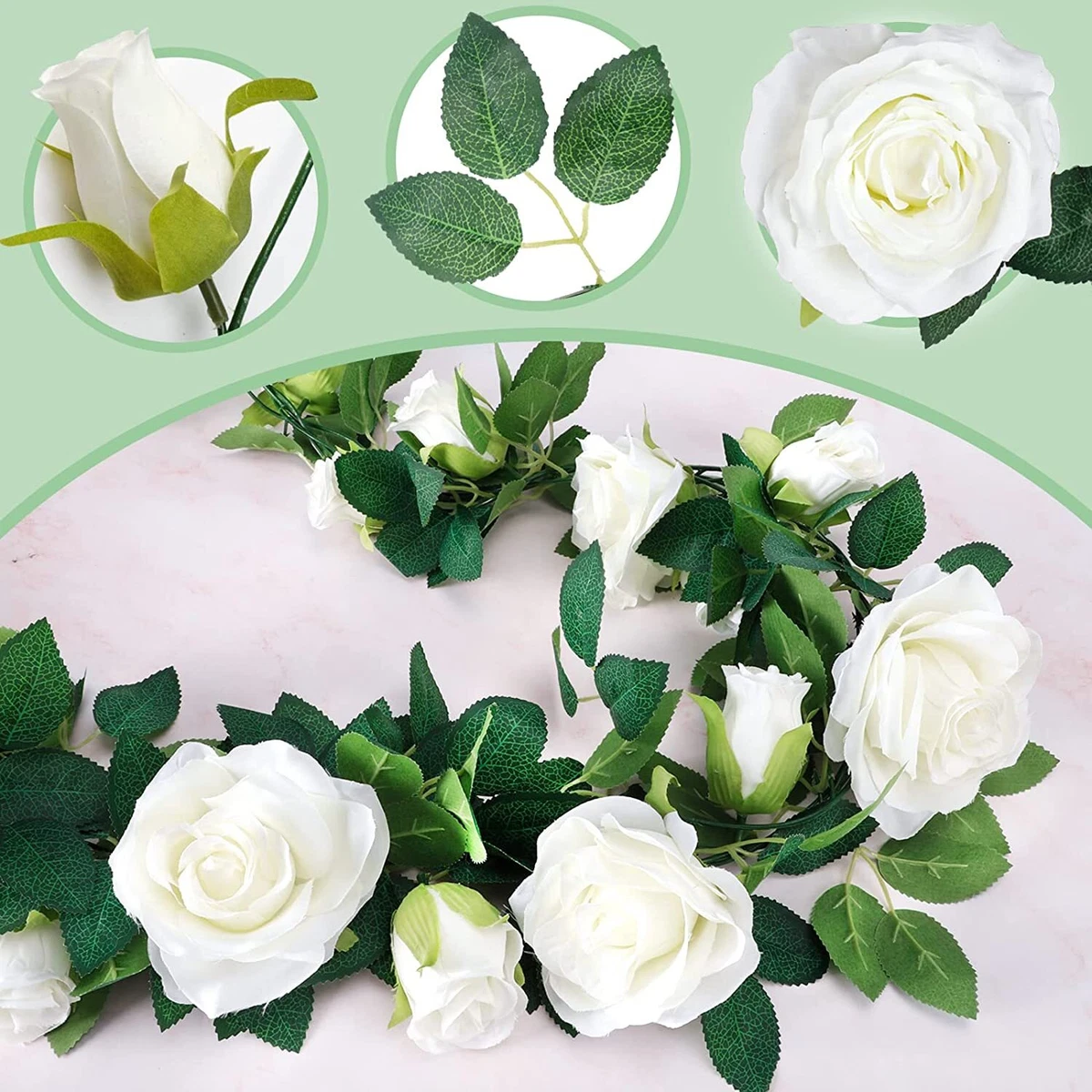 Artificial Rose Vine Flowers Hanging Floral Garland with Green