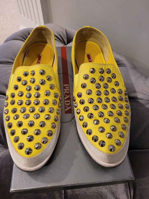 Prada Neon Yellow Studded Spikes Ladies Shoes Loafers Size 38 8 Nappa Sport Lux