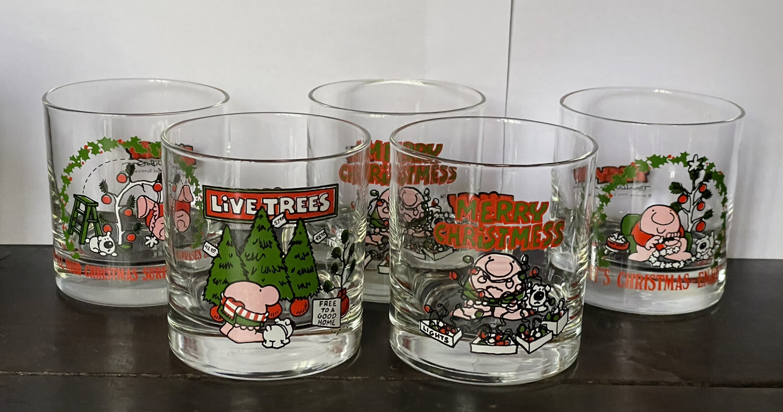 RARE 5 VINTAGE Christmas ZIGGY Antique Barware Tumbler Drinking GLASSES