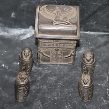 Unique Ancient Egyptian 4 Mummification Canopic Jar Box  Isis ,Horus Eye ,Anubis