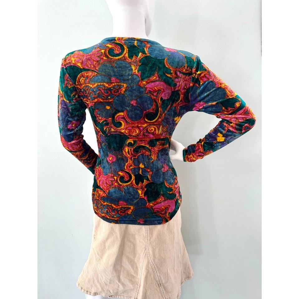 Camisa Top Vintage Años 90 Perspectiva Terciopelo Floral Capricho Manga Larga Talla L Foto 2 de 4