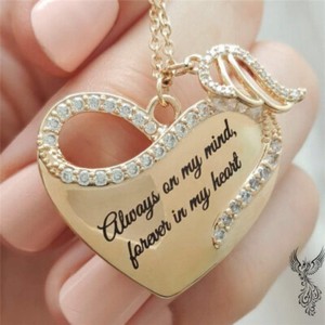 Authentic Gold Plated Heart Wing Clear Rhinestone Message Necklace #797 1