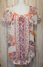 Womens Pretty Floral Print Cap Sleeve Tanzara Semi Sheer Shirt Size Medium NWT
