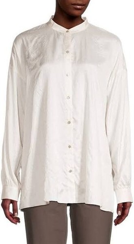 NWT Eileen Fisher L 100% Silk Boxy Shirt in Bone Mandarin Collar Long Slv $288 - Picture 2 of 13