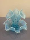 STUNNING VTG FENTON Blue Opalescent Diamond Lace 3 Horn Epergne 9.5"H