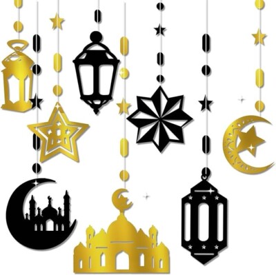 24 Stück Ramadan Party Deko Eid Mubarak Folie hängend Mond Stern Wimpelkette Gold