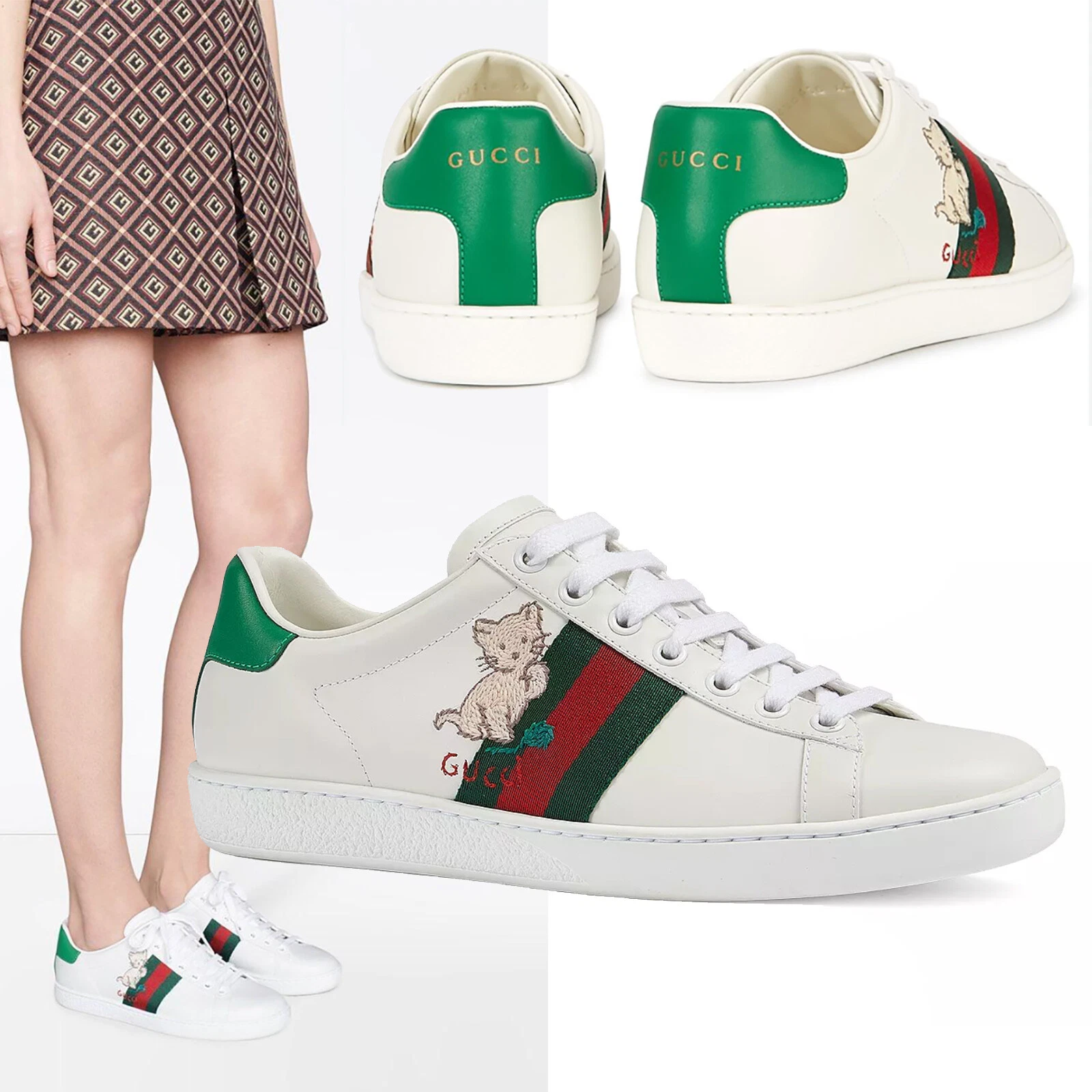 BASKETS GUCCI NEUVES ACE CHATON CHAUSSURES EN CUIR BLANC avec WEB taille 41 11