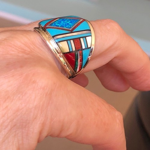 Large Turquoise Red Opal HOT Racing stripes Men's ring Italian 9.5 Silver T - Picture 6 of 12
