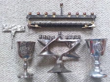 Lot of 5 Metal Judaica, 2 Vtg Kiddush Wine Cups, 2 Menorahs & Wine Bottle Opener