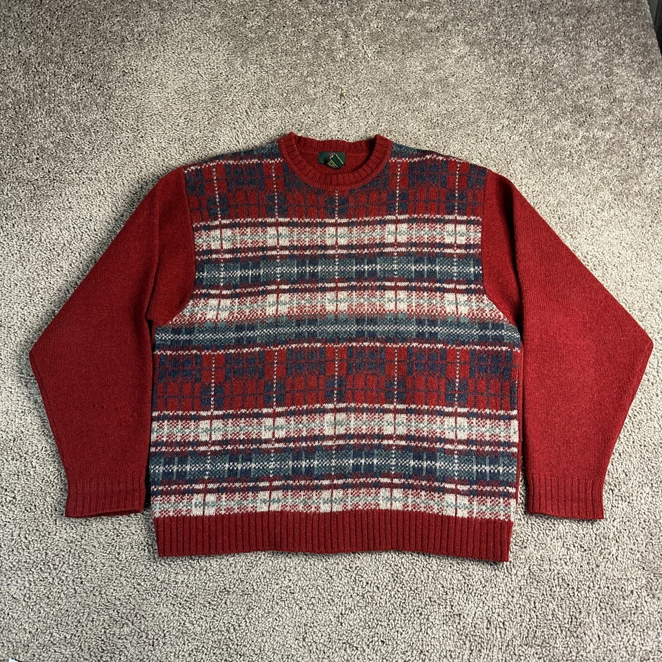 VINTAGE 90s Club Room Sweater Mens Large Red 100% Wool Plaid Crewneck Pullover - Image 2 of 4