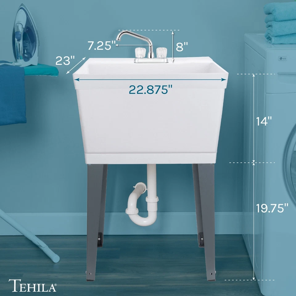 Utility Laundry Sink with Chrome Finish Dual Handle Faucet 19 Gallon - White - Image 2 of 4