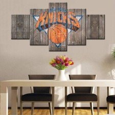 NBA Basketball Team New York Knicks Rustic Wood Logo 5 Piece Canvas Wall Art