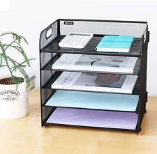 5 Trays Paper Organizer, Letter Tray with Handle-Mesh Desk File Organizer