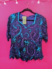 Vintage 80s Sparkly Blue Sequin Beaded Formal Cocktail Top PM