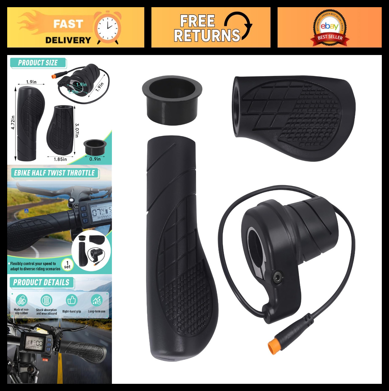 Half Twist Throttle for Ebike - Waterproof Plug, Thumb Accelerator 12V-72V MTB