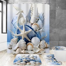 Chrainy 4pcs Blue Conch Shower Curtain Set with Rugs