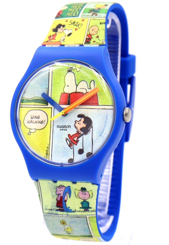 EUC Swatch X Peanuts SMAK Blue Multicolor Silicone Watch 40mm