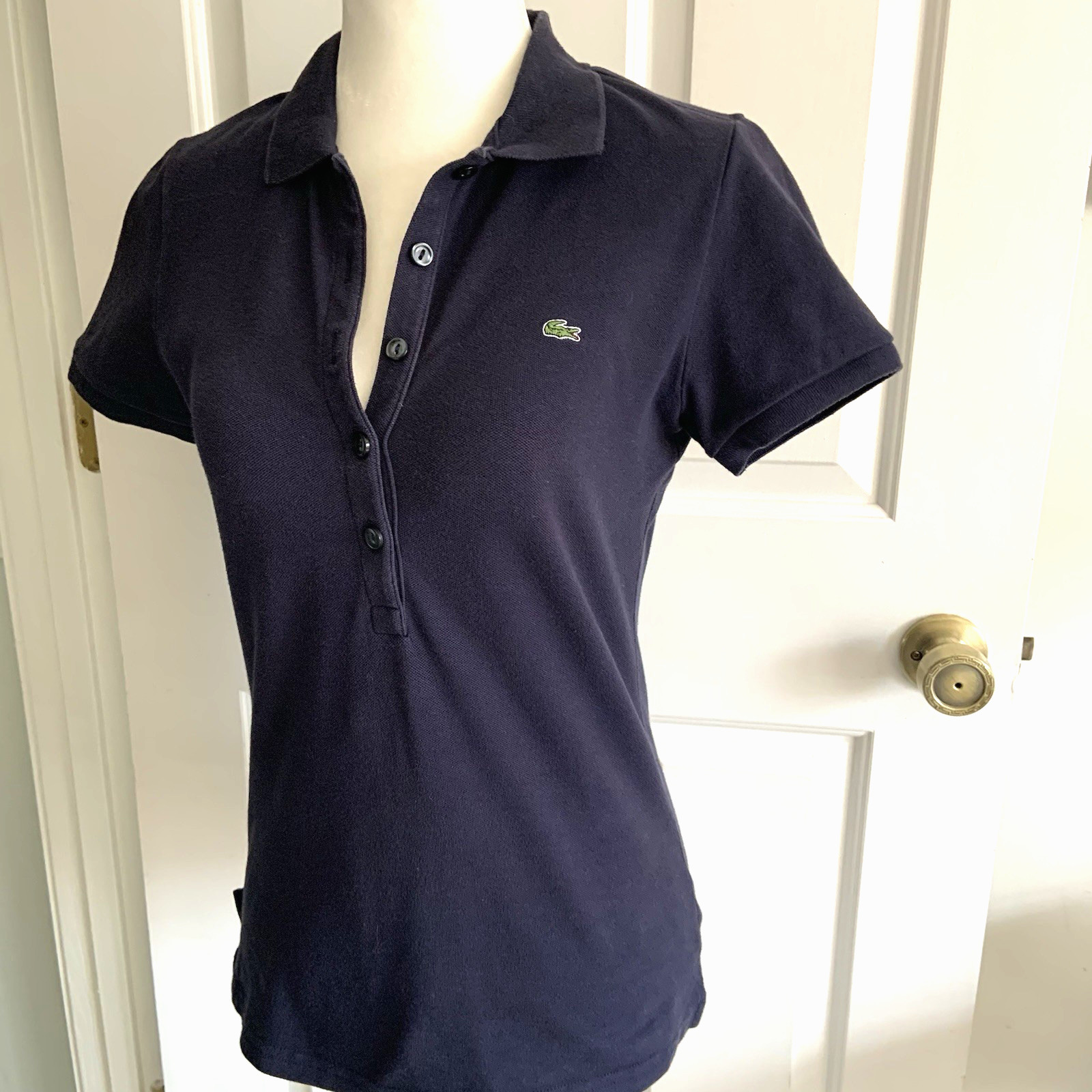 Lacoste Half Button Slim Fit Pique Polo Shirt Womens US Small EUR 38 Navy Blue