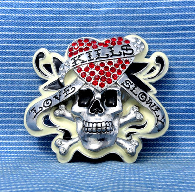 Love Kills Slowly Skull Crossbones Belt Buckle Enamel Rhinestones Vtg    .CPA632