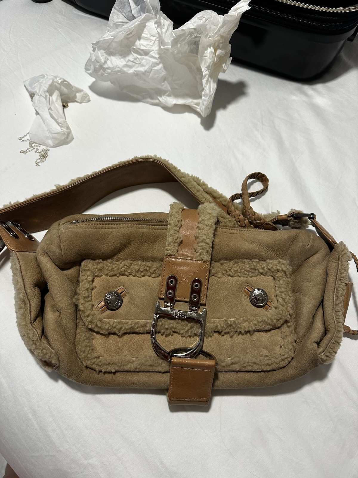 Dior Flight Medium Shoulder Bag in Brown Leather and Shearling