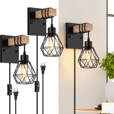 Plug in Wall Sconces Set of 2, Vintage Wood Farmhouse Wall Lamps with E26 Bulb