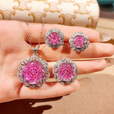 3pc Set Octagon Rose Red Garnet Gems Charm Women Necklace Pendant Stud Earring