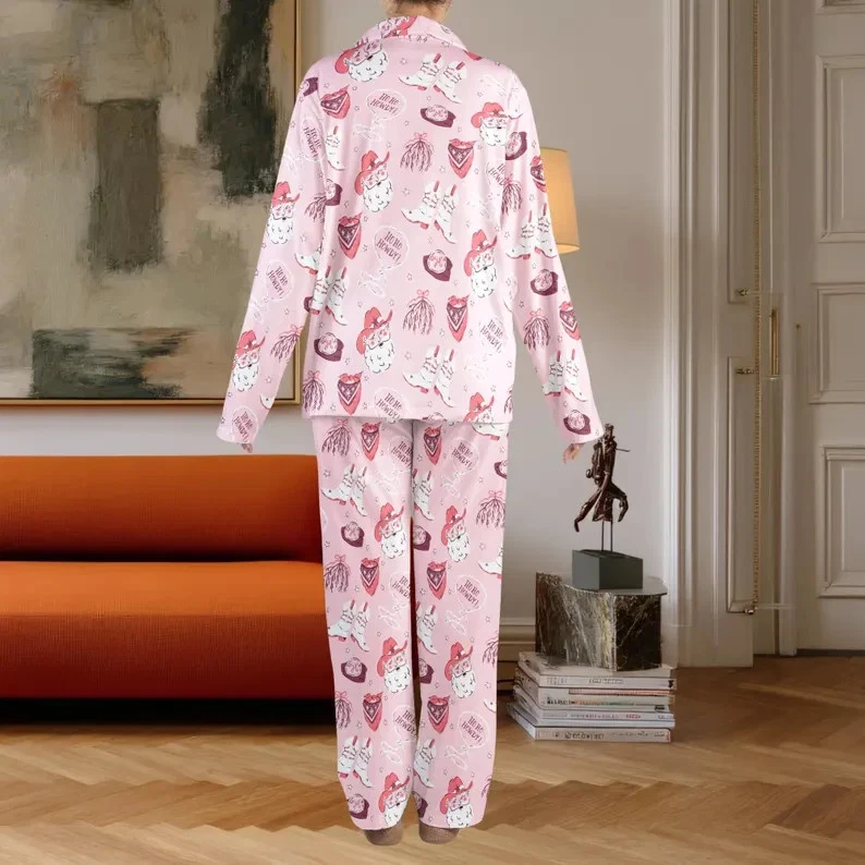 Conjunto de pijama unissex rosa cowboy gato estampa fofa ocidental manga longa top e calça - Imagem 2 de 4