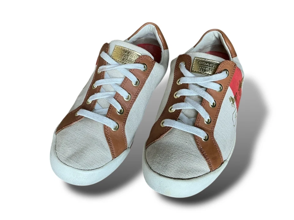 Zapatillas Coach Martie Cuero Lona Con Cordones Marrón Tostado Crema Para Mujer’s Logo 8.5 Foto 3 de 4