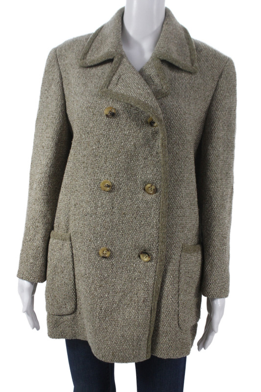 Les Copains Womens Pea Coat Beige Wool Cotton Plaid Button Collared Size 42