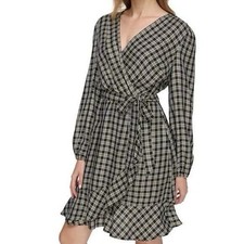Tommy Hilfiger Ruffle Hem Metallic Wrap Plaid Dress Black White 16 NO BELT NWOT!