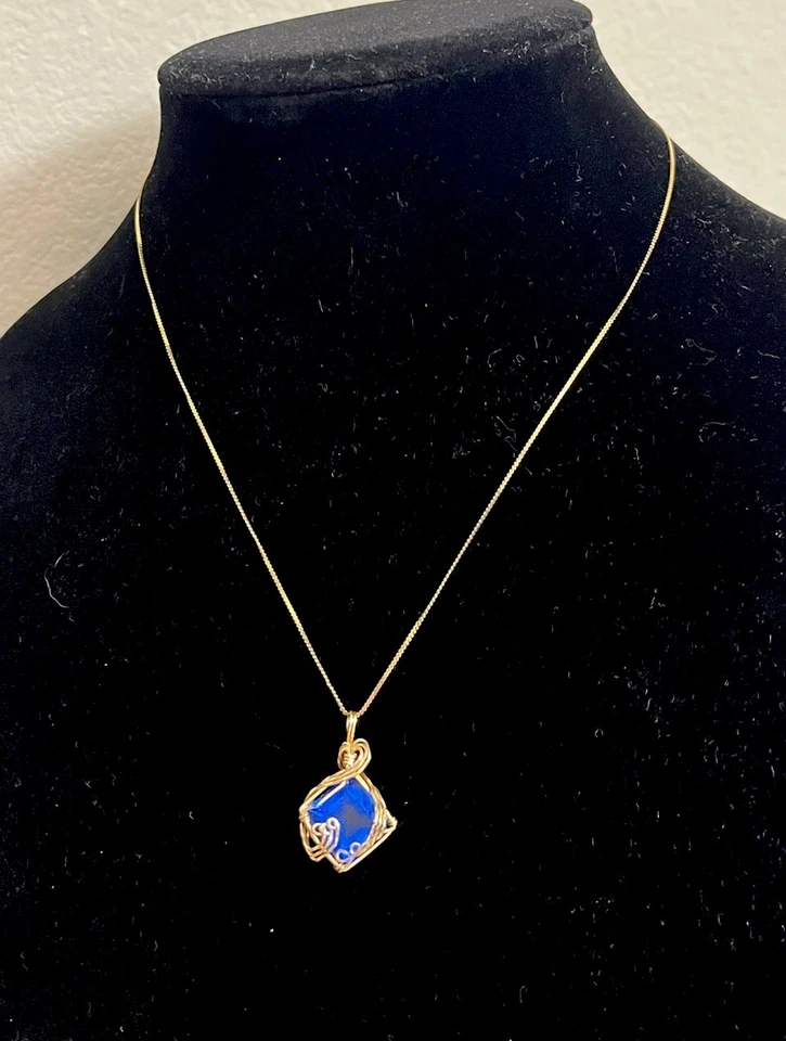 14K Gelbgold Seil Halskette mit Draht Set Quadrat Blau Saphir Anhänger - 3 Gramm - Bild 4 von 4
