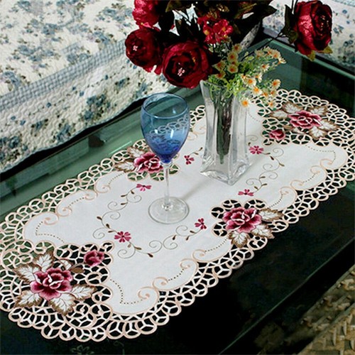 Oval Bestickte Tischdecke Blumendeckchen Kaffeetischdecke Deckchen Satinbezug - Bild 3 von 12