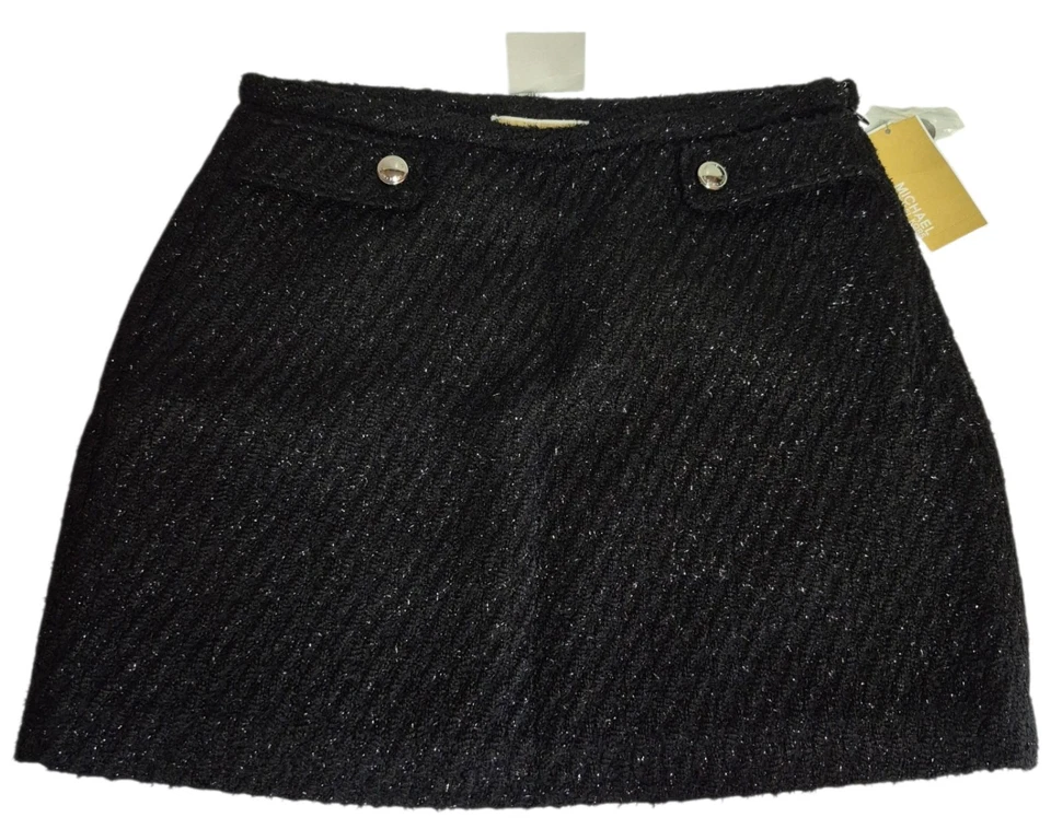 Minifalda Michael Kors Tweed Metálica Talla 6 Negra Plata Botón MS570FSAER Nueva Foto 3 de 4