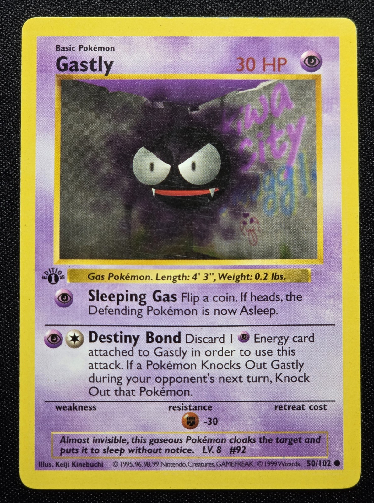 👻Pokemon Card Gastly 50/102 - 1st Edition Base Set Shadowless 1999 MP