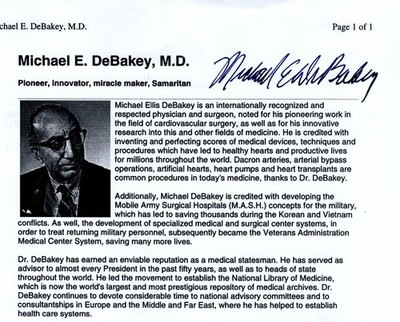 Heart Surgeon MICHAEL DeBAKEY Signed 8.5X11 Typed Bio Entry Page Autograph w/COA