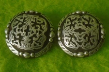 HANSEN Pair (2) STERLING Silver Overlay Iron 1-1/4" CONCHOS~BRIDLE~SPUR STRAPS